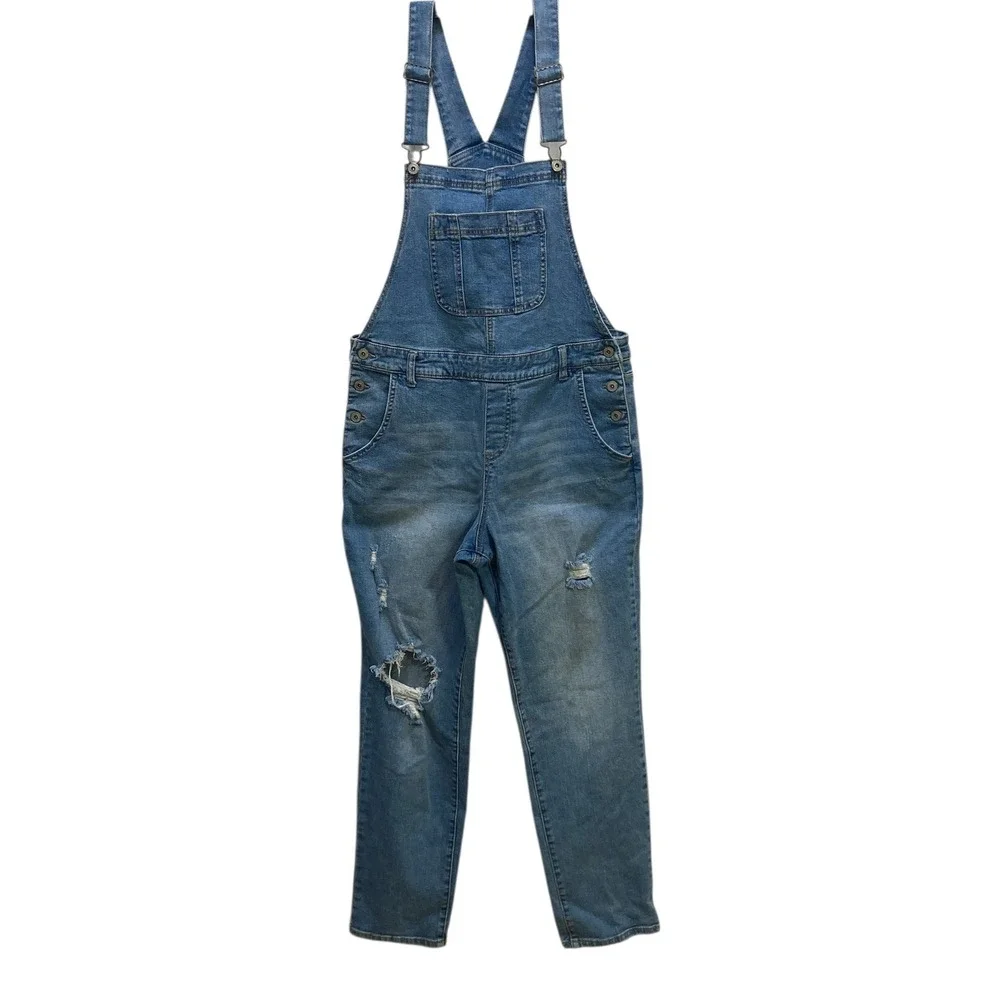 Style & Co Womens Medium Wash Distressed Denim Overalls‎ Skinny Leg Size M Blue